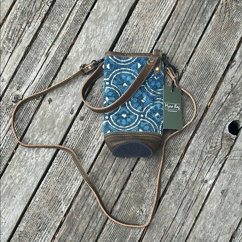 Myra Bag Blue and Brown Crossbody water bottle Bag